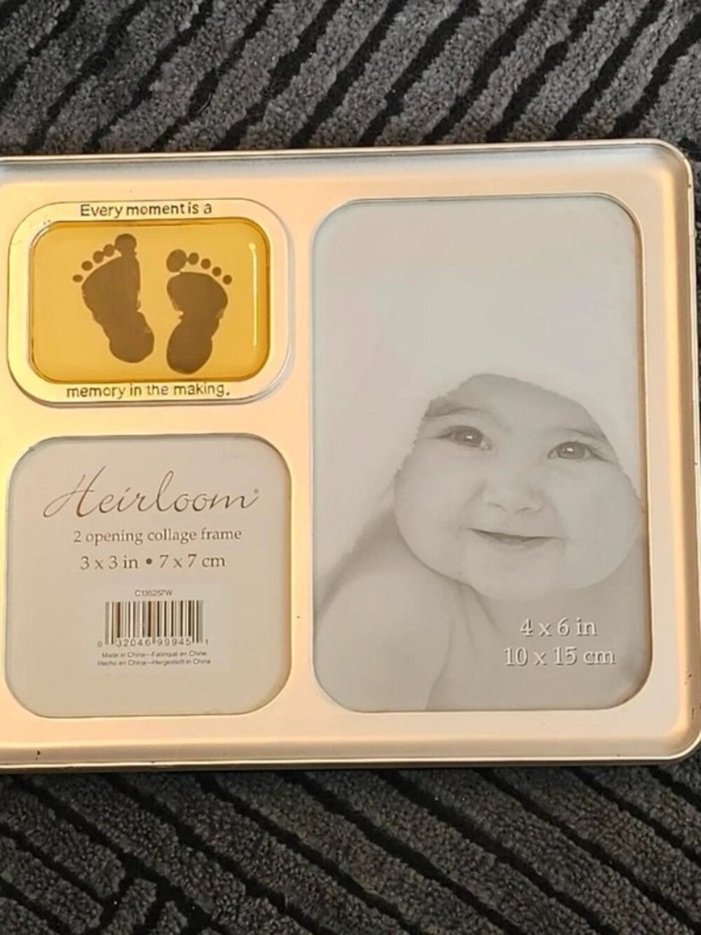 Silver baby photo frame with 3x3 and 4x6 inch openings holds 3 photo slots